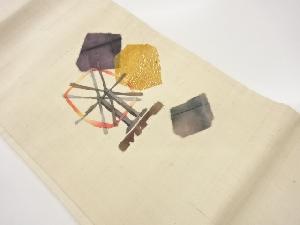 生紬和紙に水車・抽象模様名古屋帯